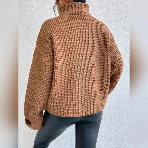 Turtleneck Drop Shoulder Waffle Knit Sweater - Picture 2 of 3